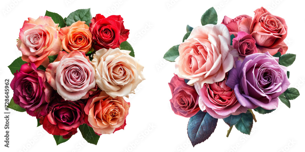 Bouquets of Roses Set Isolated on Transparent or White Background, PNG