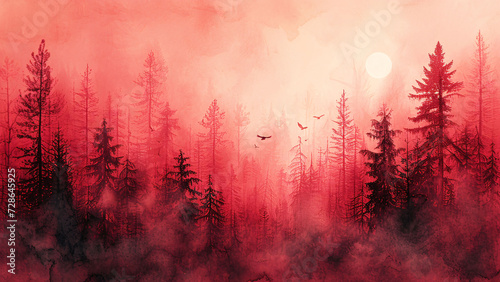 Misty Forest Raven Crow Landscape Magenta Pink Black Sunset Sundown Fog Foogy Dreamy Mist Full Moon Sun Rays Darkness Gothic Desktop Wallpaper Background 8k photo