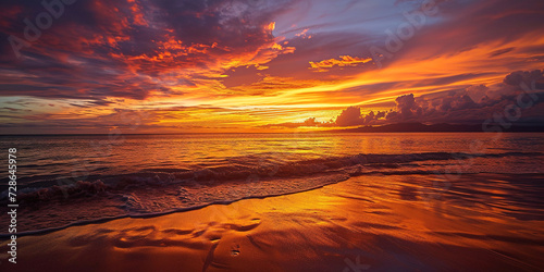 Calm Sea sunset landscape. Purple, pink, orange fiery golden hour evening sky in the horizon. Mindfulness, meditation, calmness, serenity, relaxation concept wallpaper background