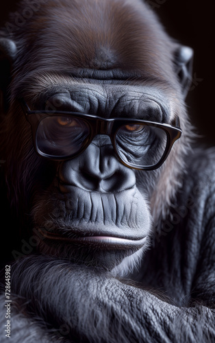 A sulky gorilla with glasses and crossed paws