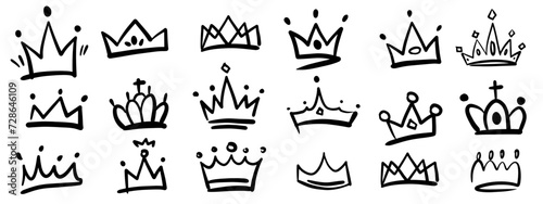 Crown vector illustration sketch set hand drawn scrapbooking elements. Doodle funny royal diadema, crown, headdress, cap with diamonds, gem, jewel. photo