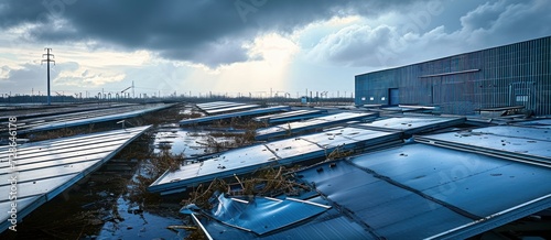 Hurricane damage to solar panels on industrial building affecting green power production, Generative AI photo
