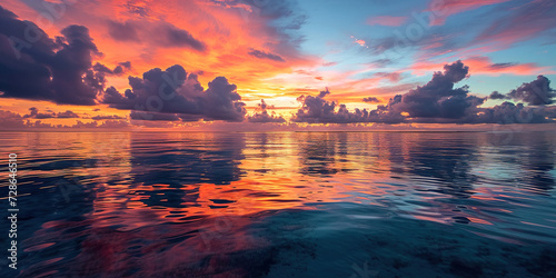Calm Sea sunset landscape. Purple, pink, orange fiery golden hour evening sky in the horizon. Mindfulness, meditation, calmness, serenity, relaxation concept wallpaper background