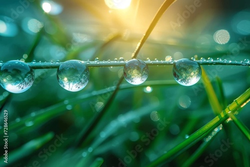 A glistening blade of grass adorned with delicate dew drops, a mesmerizing reminder of the beauty and life-giving power of nature's liquid blessings