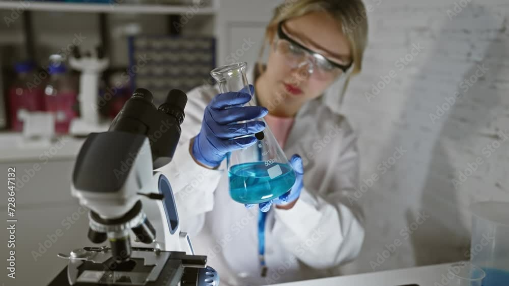 Young caucasian woman scientist examines liquid in flask in laboratory setting, portrait view conveying research concept. Young caucasian woman scientist examines liquid in flask in laboratory setting, portrait view conveying research concept.