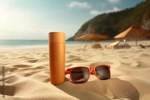 sunscreen bottle and sunglasses on the beach