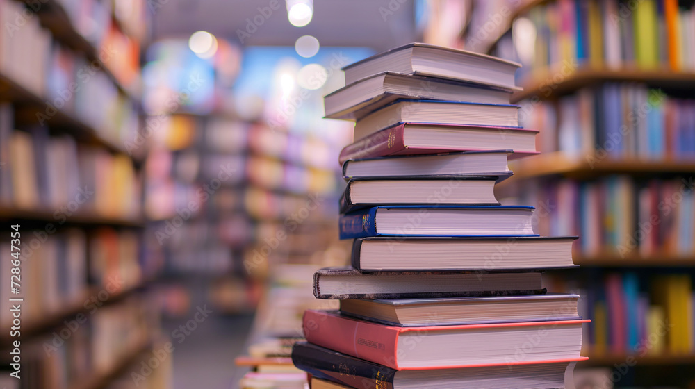 Stack of books lying on table in bookstore. generative AI
