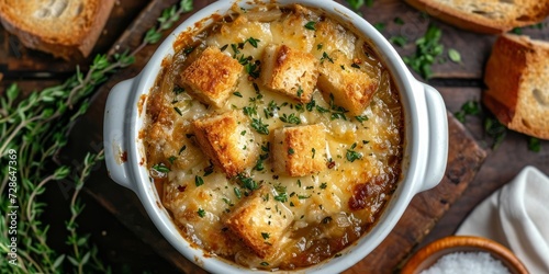 Healthier French onion soup with reduced fat and plain croutons, viewed from above, Generative AI photo