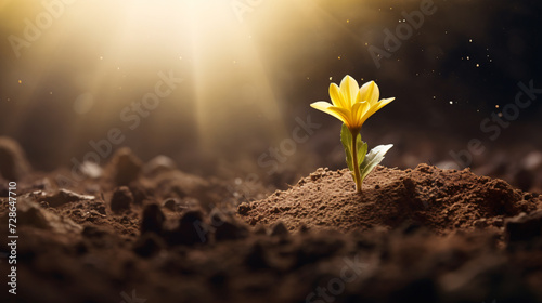 tiny yellow flower growing through the dirt, in the style of luminous landscapes