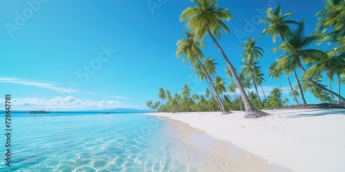 A beach scene with palm trees  white sand  and crystal-clear blue water  Side view 