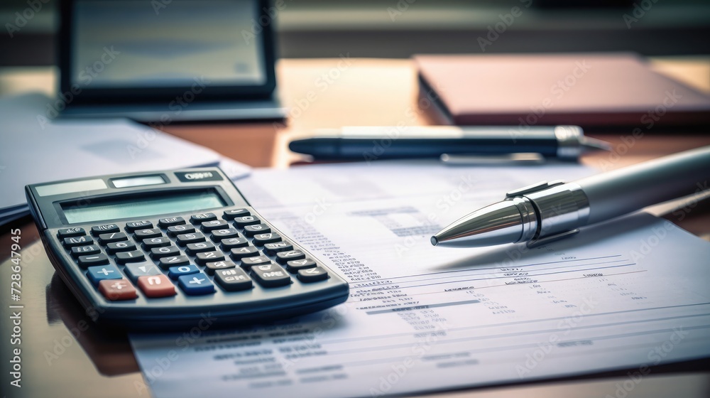 A clean and organized desk setup with a calculator, pen, notepad, and charts. A clean and organized desk setup with a calculator, pen, notepad, and charts.