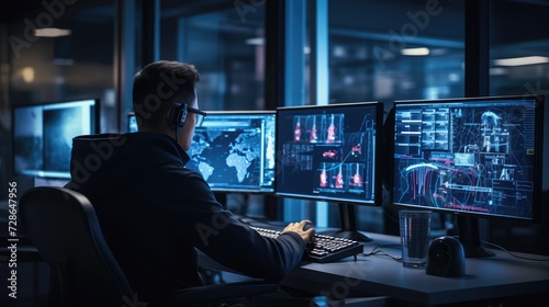 A cybersecurity professional working on multiple monitors displaying various AI-assisted cyber defense tools and algorithms,