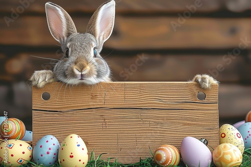 A playful bunny spreads easter cheer with a sign and colorful eggs, while enjoying the great outdoors as a domesticated animal photo