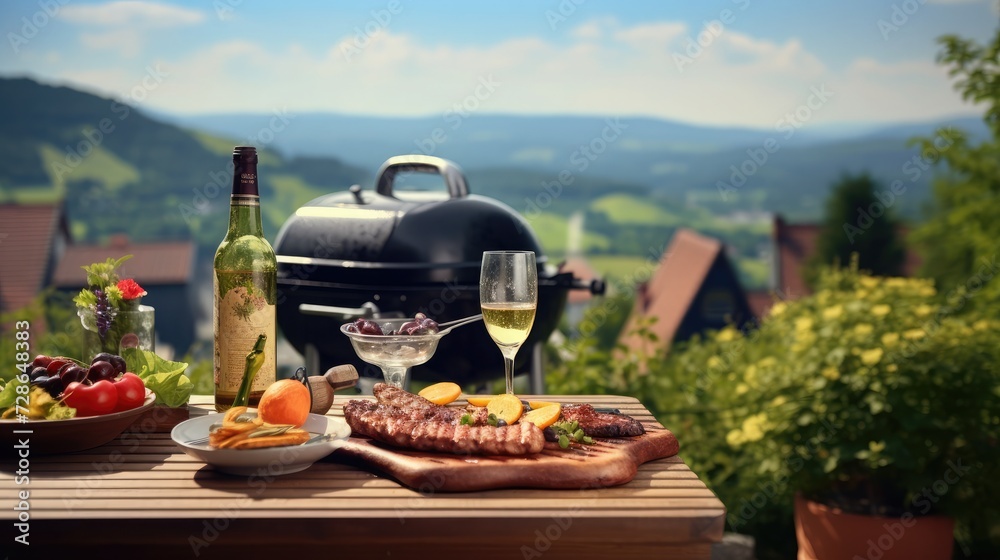 Fototapeta premium A grill. barbecue. summer. Steaks. Garden beer and wine. Germany. landscape format.