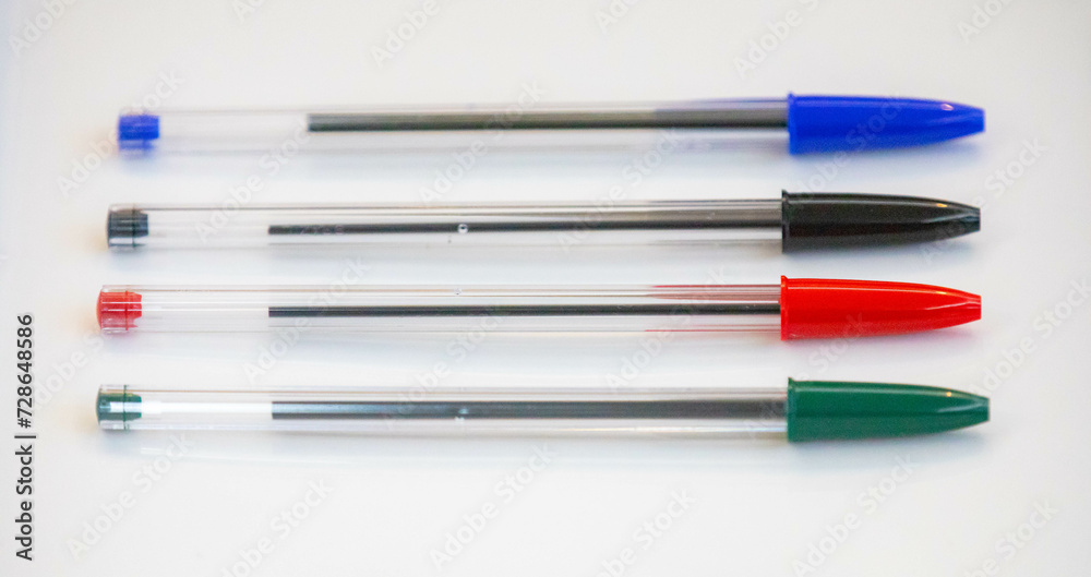 ballpoint pens in different colors. Old and traditional pens.