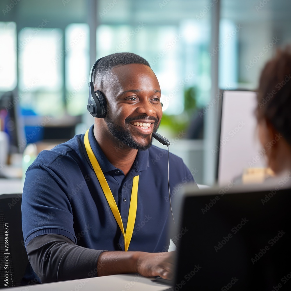 Naklejka premium A man legal intake specialist talking with a claimant over the phone in a call center