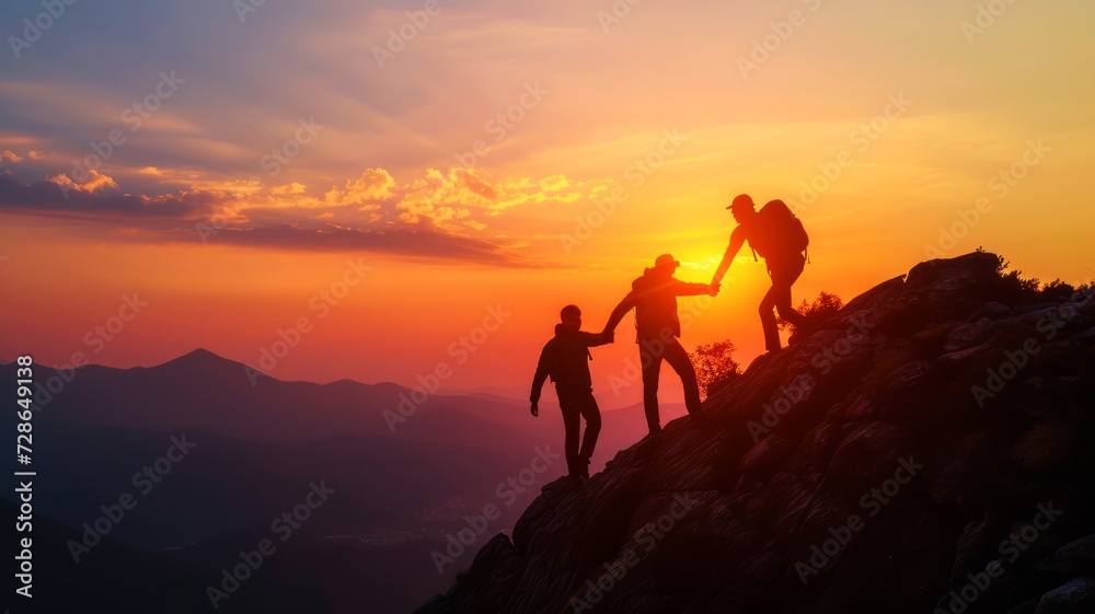 Silhouetted climbers collaborate as a team to conquer a challenging mountain slope, set against the striking sunset scenery, highlighting the importance of teamwork.