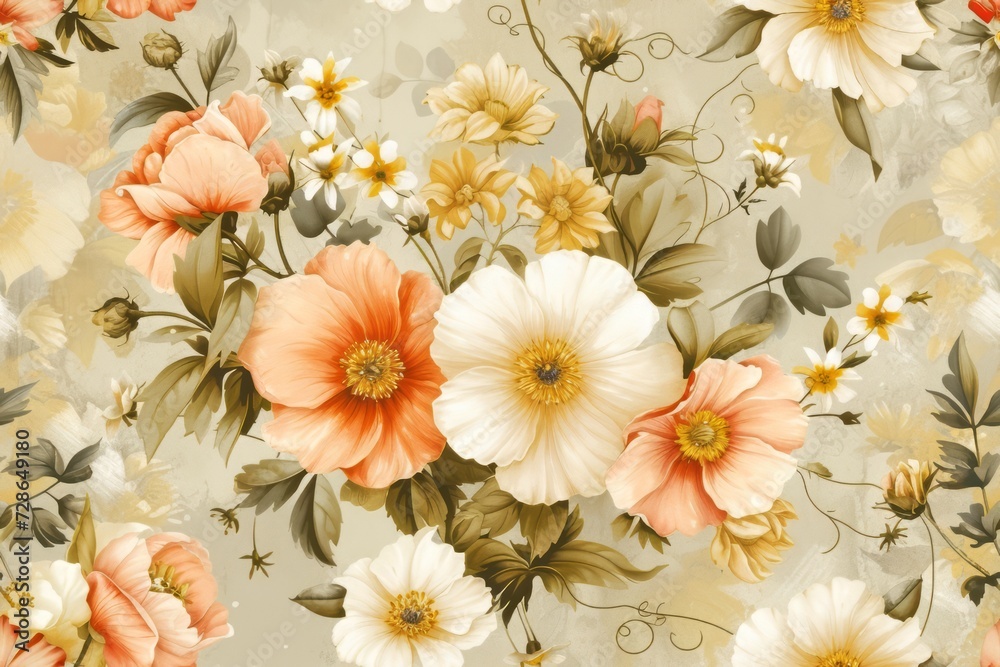 Retro-inspired wild floral wallpaper pattern is teeming with warm-toned flowers and foliage, evoking a sense of nostalgia and vintage charm.