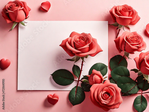  Rose flowers for Valentine's day. composition with white space. greeting card template. white background.