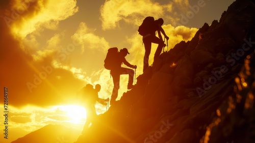 A group of climbers in silhouette work together to ascend a rugged mountain face against the vibrant backdrop of a setting sun.