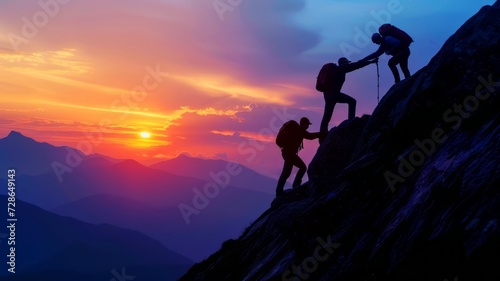 In silhouette, a team of climbers joins forces to ascend a rugged mountain wall, with the vibrant hues of the setting sun in the background, illustrating the power of teamwork.