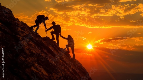 In silhouette, a team of climbers joins forces to ascend a rugged mountain wall, with the vibrant hues of the setting sun in the background, illustrating the power of teamwork. © Nongkran