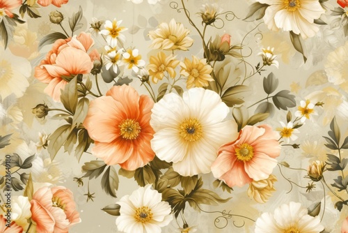 Retro-inspired wild floral wallpaper pattern is teeming with warm-toned flowers and foliage  evoking a sense of nostalgia and vintage charm.