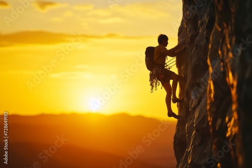 An intrepid rock climber ascends a steep cliff, with the determination visible against the backdrop of a breathtaking golden sunset.