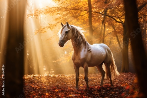 White horse in autumn forest with sunlight, wallpaper background