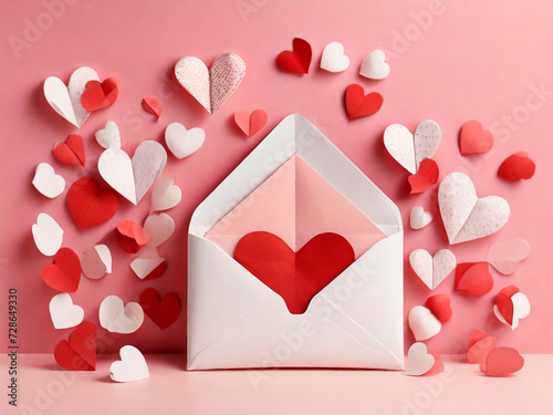 love envelop with crafted hearts in red and white colors. valentine's day concept. 