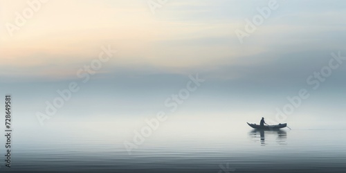 A solitary rowboat on a calm lake  with ripples emanating from its path. In the boat 