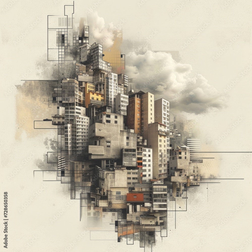 geometric drawings of cities and buildings, digital collage mixed media style