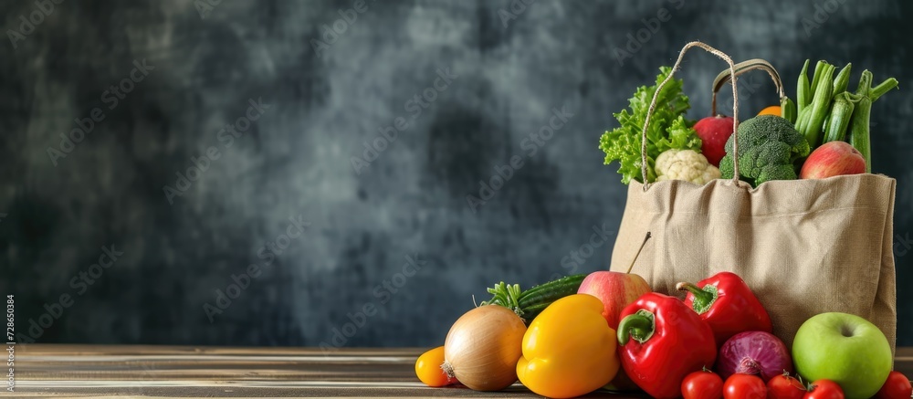Beige grocery bag dropped vegetables and fruits on wooden plank Beige grocery bag dropped vegetables and fruits on wooden plank