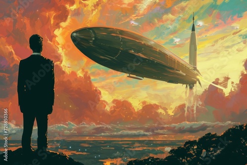 a man looking out at an airship with a rocket heading in the distance, pop art graphic illsutration type photo