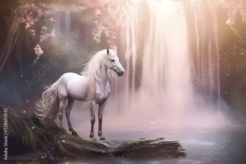 A white horse standing gracefully beside a cascading waterfall in the forest  copy space