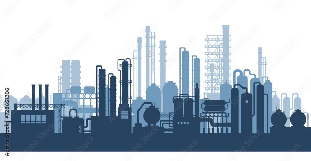 Industrial factories silhouette background. Oil refinery complex with pipes and tanks gas production.
