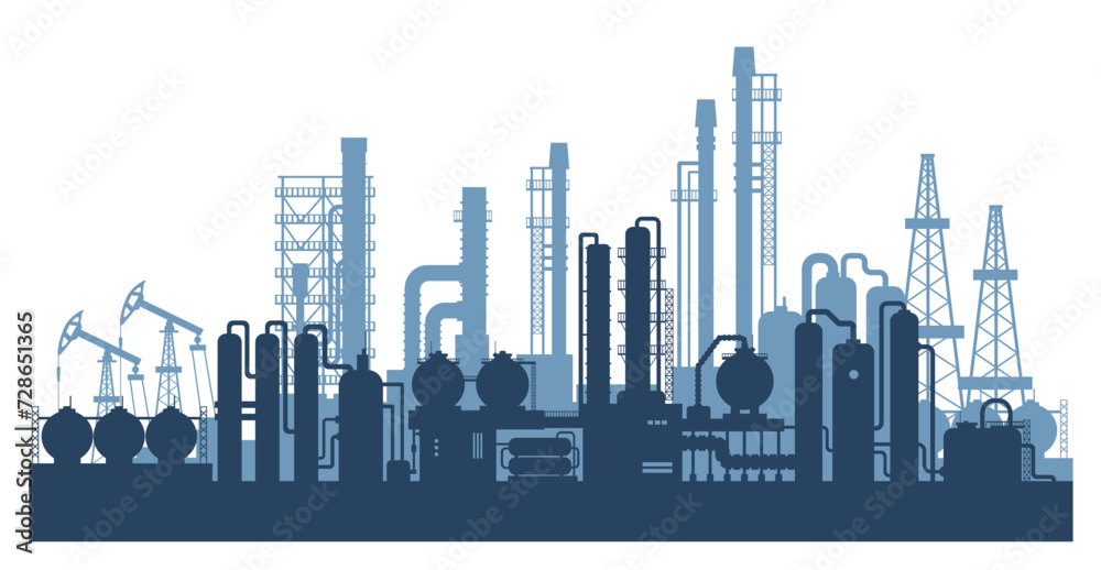 Industrial factories silhouette background. Oil refinery complex with pipes and tanks gas production. Industrial factories silhouette background. Oil refinery complex with pipes and tanks gas production.