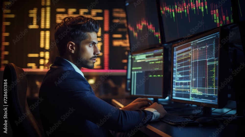 Trader seated at multiple monitors, monitors display forex charts, hedge fund manager is wearing a suit,