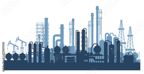 Industrial factories silhouette background. Oil refinery complex with pipes and tanks gas production. © is1003