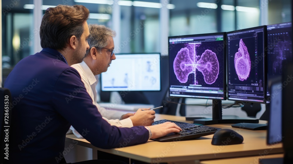 Two software developers (a man and a woman) are developing together a cancer cell analysis software with machine learning Two software developers (a man and a woman) are developing together a cancer cell analysis software with machine learning