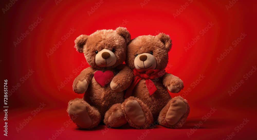 two brown teddy bears are wearing red bowties against a red background