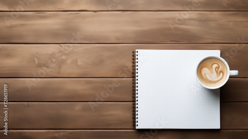A blank White notebook and a cup of coffee on wooden background