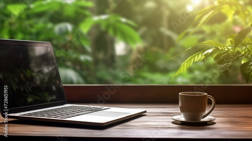 computer laptop on working desk with a cup of coffee an plant place near window with natural view