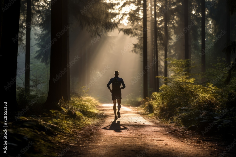 Morning Run in Nature. A man runs along a path in the forest early in the morning