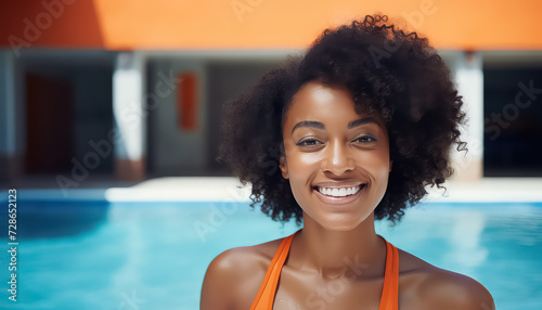 Black woman with afro curls in orange bikini by the pool use spf and smile