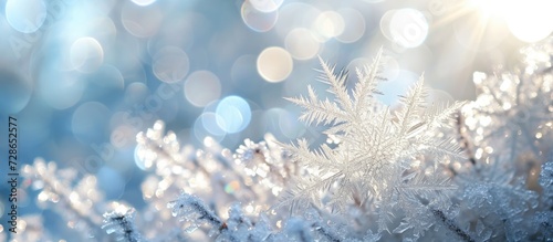 Glistening ice crystal in snowy bokeh background, perfect for Christmas greeting card. © Emin