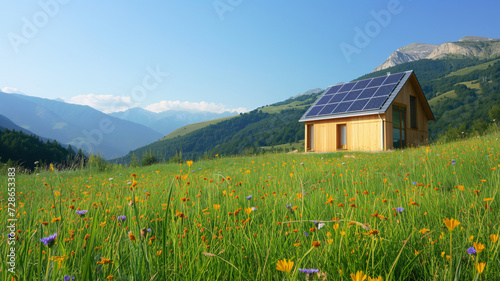 a small house with solar panels. meadows and wildflowers. mountain background