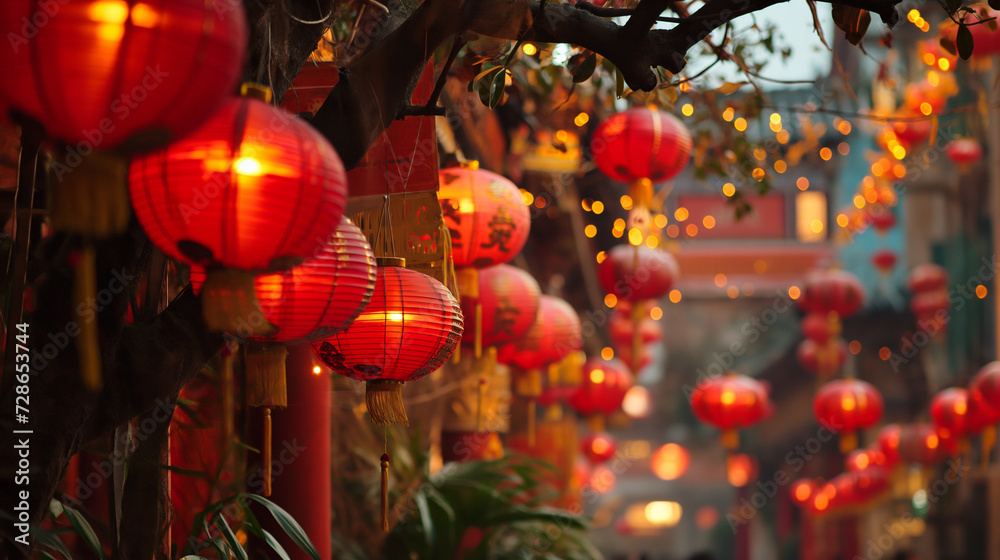 A bustling street adorned with bright red lanterns, creating a festive and traditional atmosphere during a cultural celebration.