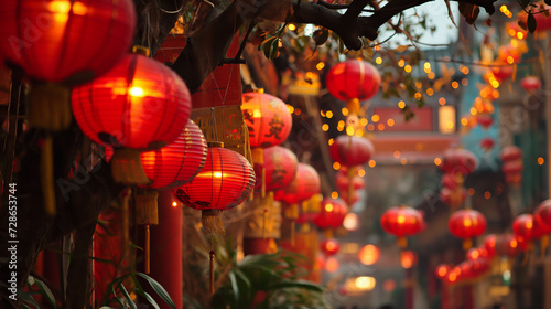 A bustling street adorned with bright red lanterns  creating a festive and traditional atmosphere during a cultural celebration.