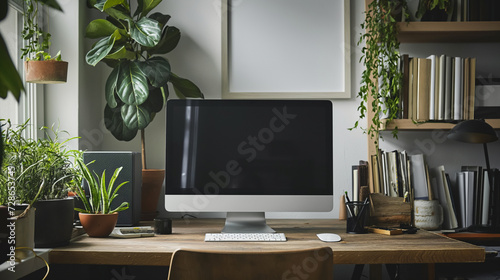 A modern home office desk setup with a computer and a variety of lush houseplants, creating a peaceful work environment.